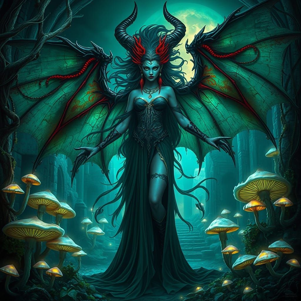 Godlike Demoness Amidst Ancient Ruin in Cyberpunk Style