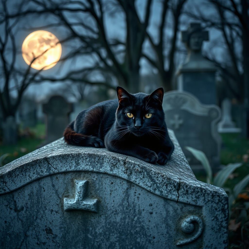Black Cat on Tombstone Under Full Moon