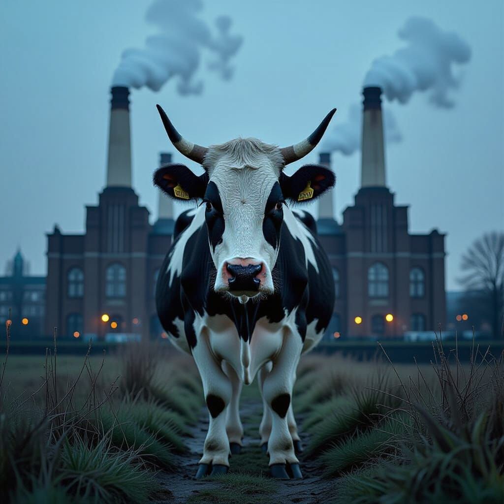 Atom Heart Mother Cow Ominously Facing Battersea Power Stati...