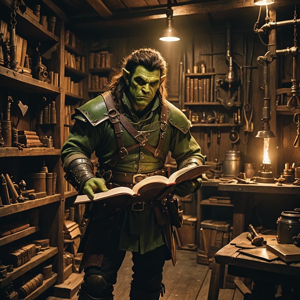 Half-Orc Artificer in Workshop, Cinematic Film Still