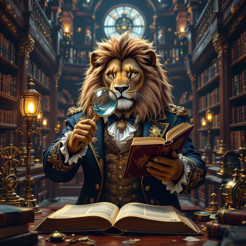 Steampunk Lion in Library with Ornate Gadgets