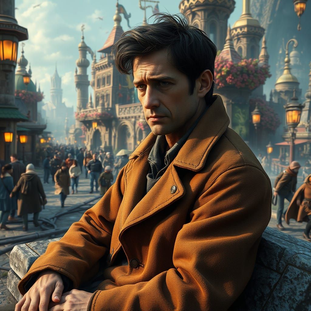Sorrowful Man in Bustling Fantasy City