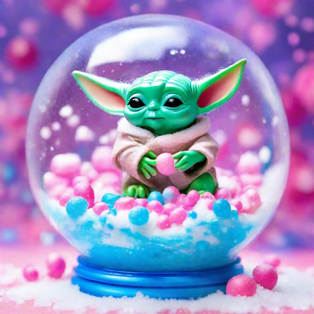 Whimsical Candyland Snow Globe Scene with Baby Yoda