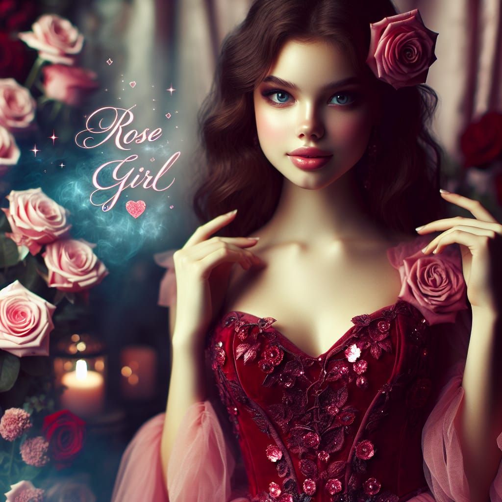 Enchanting Rose Girl in Magical Red Dress