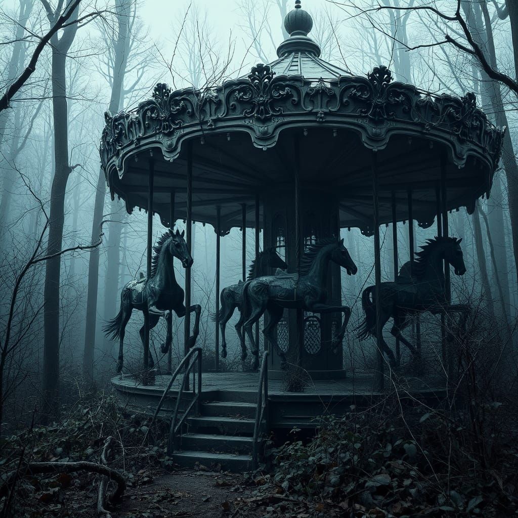 Eerie Abandoned Carousel in Misty Forest