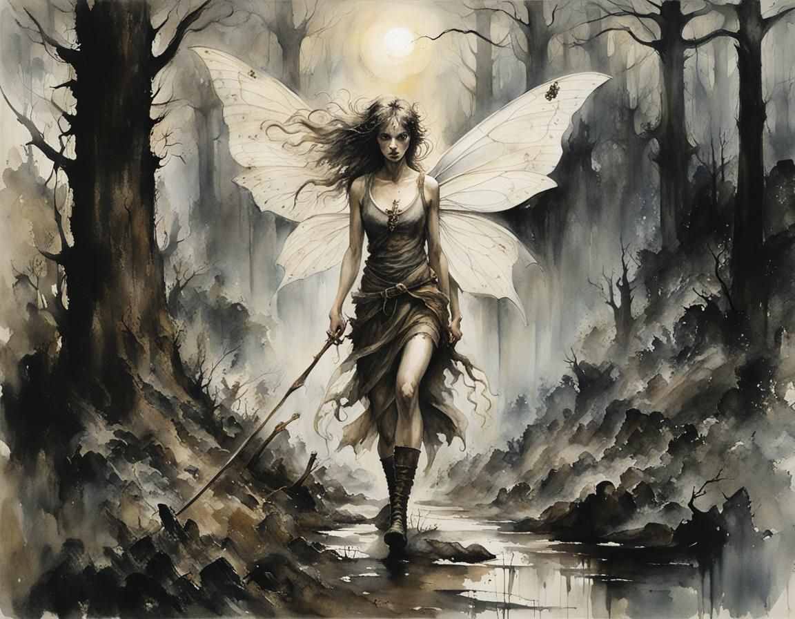 Celtic Fairy in Stormy, Decaying City: Watercolor Art