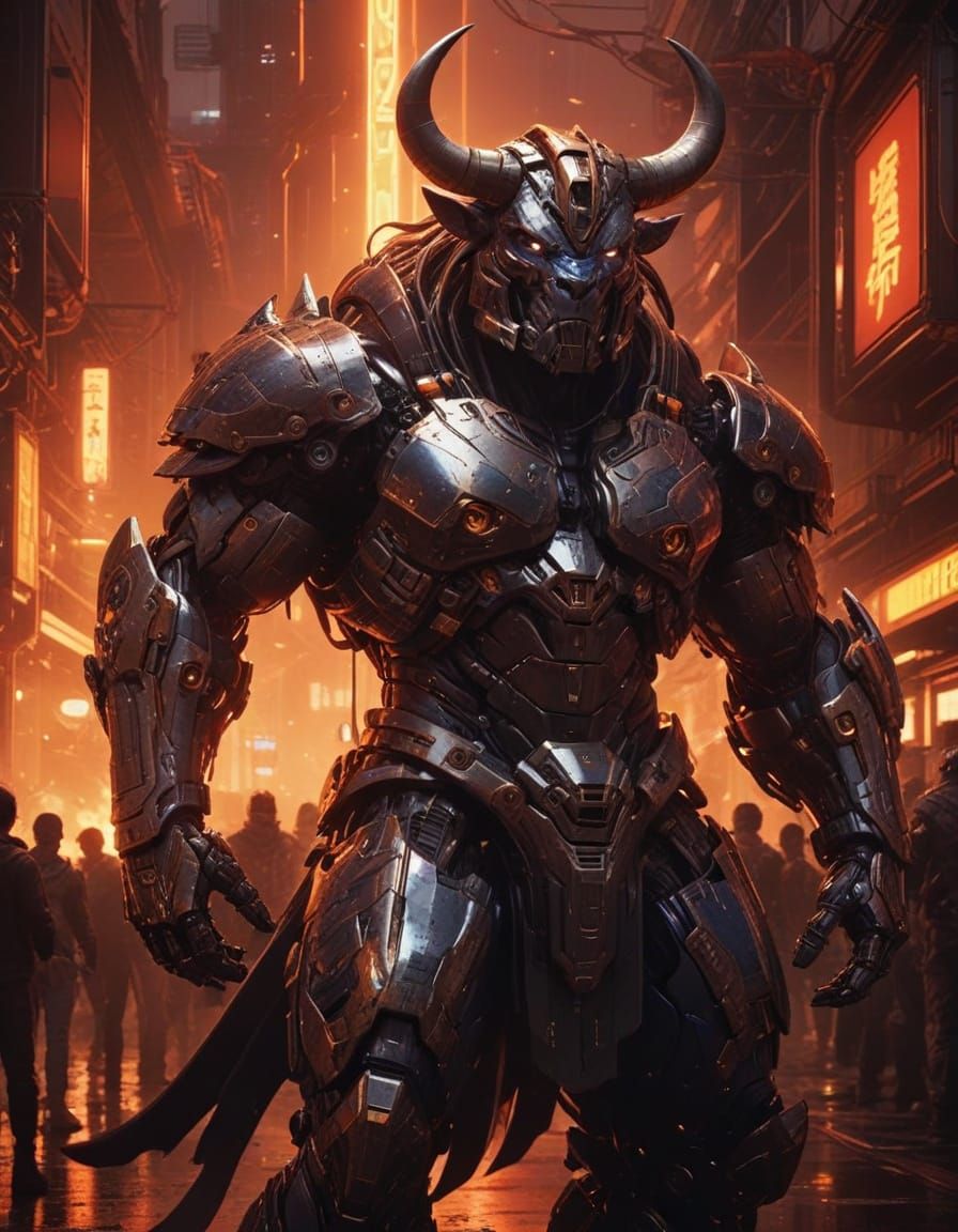 Cyberpunk Minotaur Mecha in Dramatic Sci-Fi Landscape