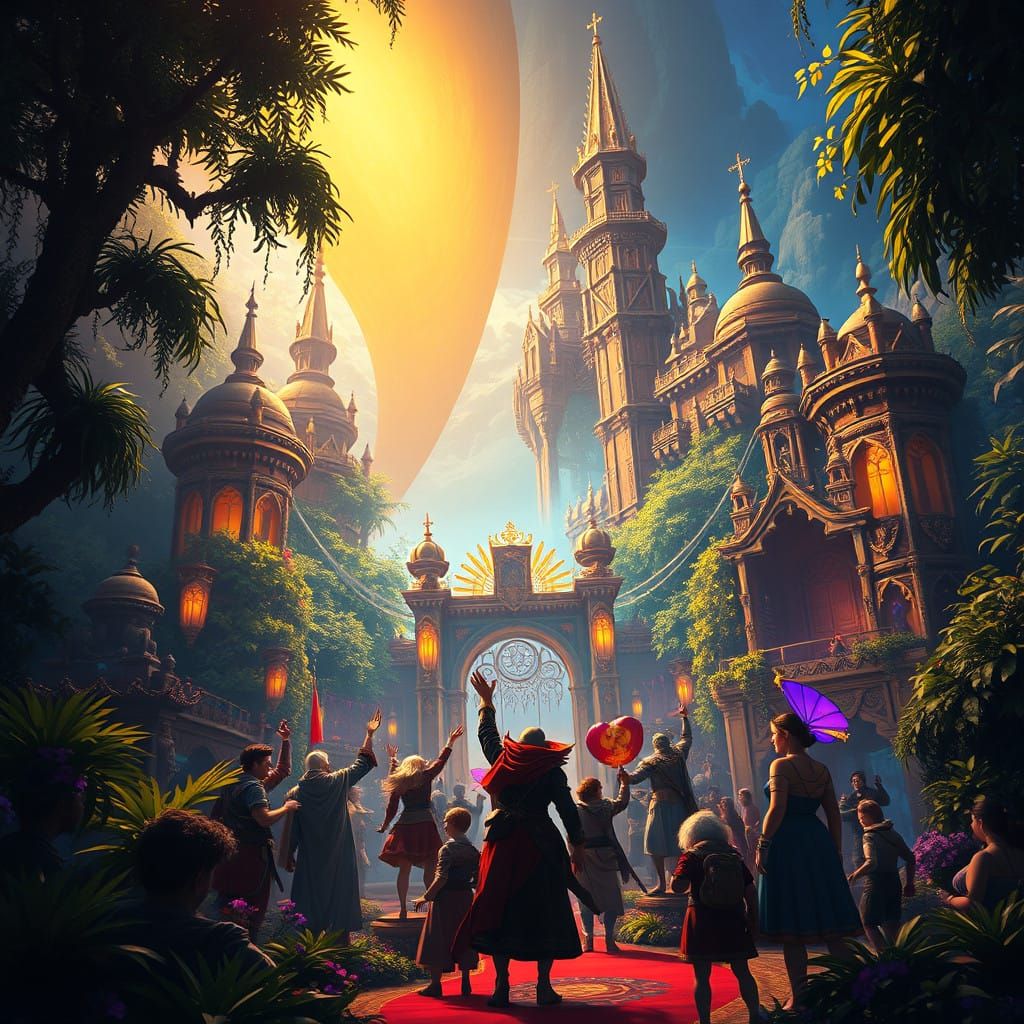 Whimsical Fantasy Celebration in Vibrant, Dreamlike Landscap...