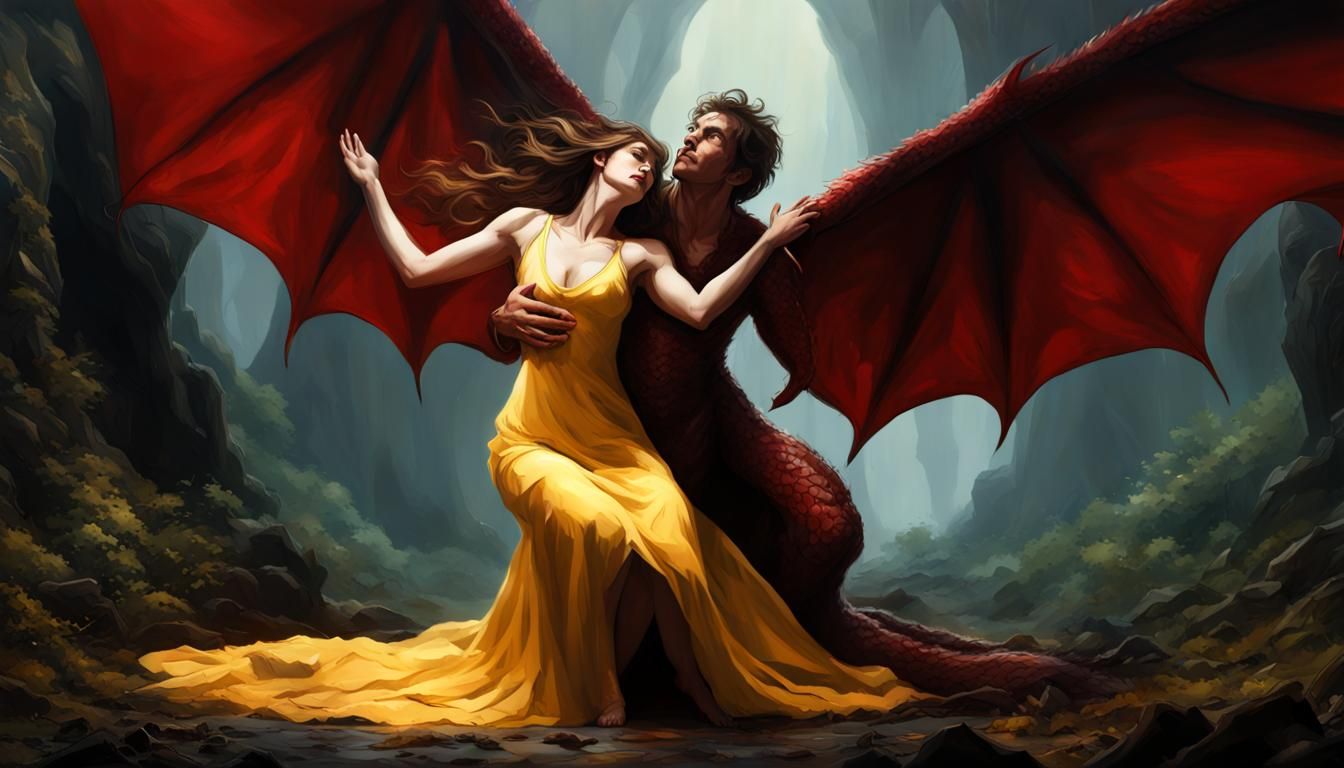Dragon Transformation with Princess, Dark Fantasy Art