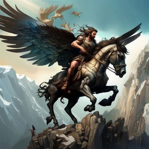 Hercules Rides Pegasus in Dark Fantasy Artwork
