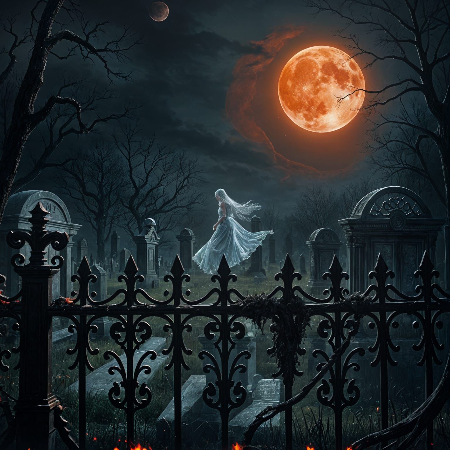 Blood Moonlit Cemetery Scene with Ghostly Figure