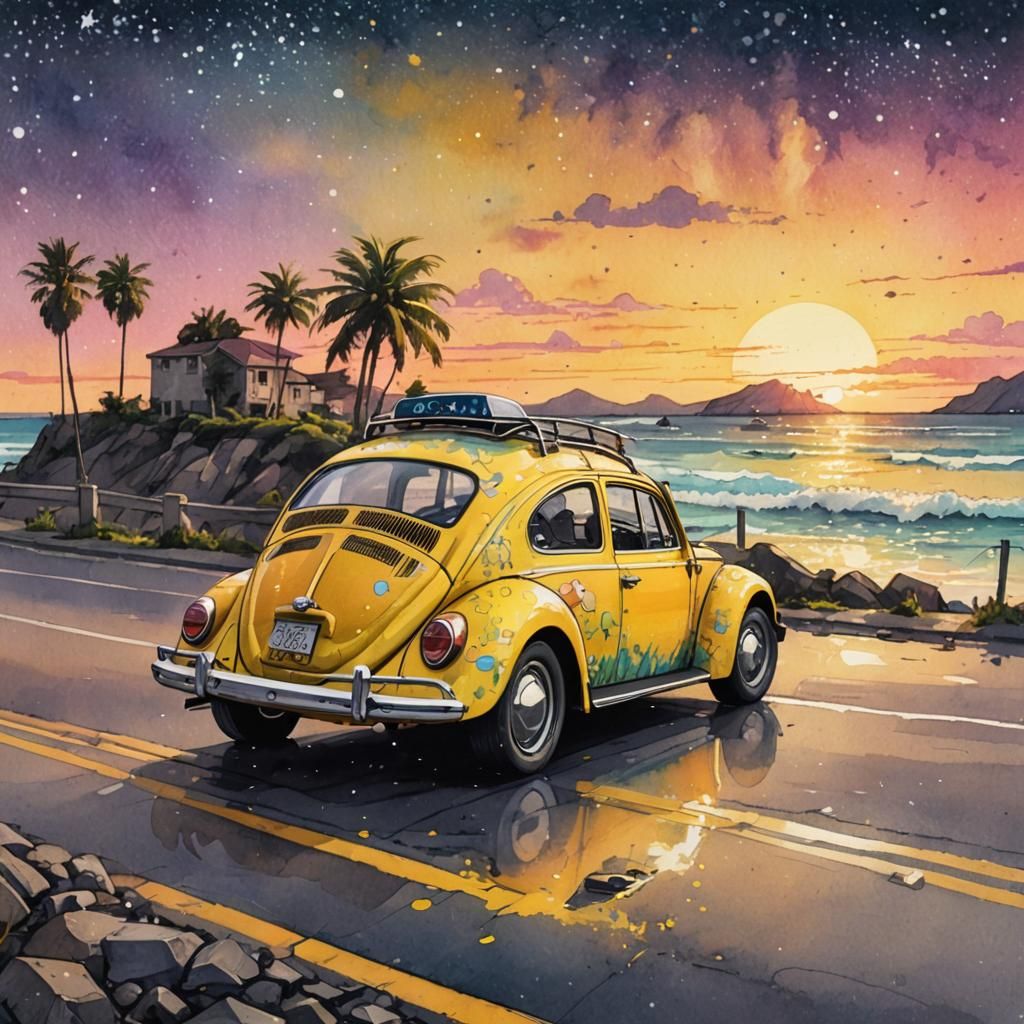 Retro Beetle Drives Coastal Highway: Watercolor Graffiti Art