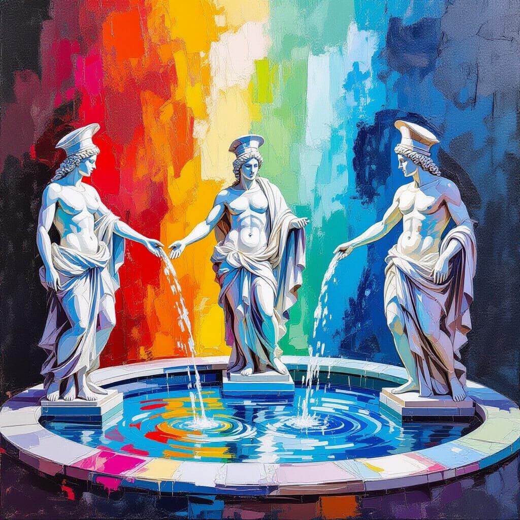 Roman Fountain with Marble Gods in Expressionist Style