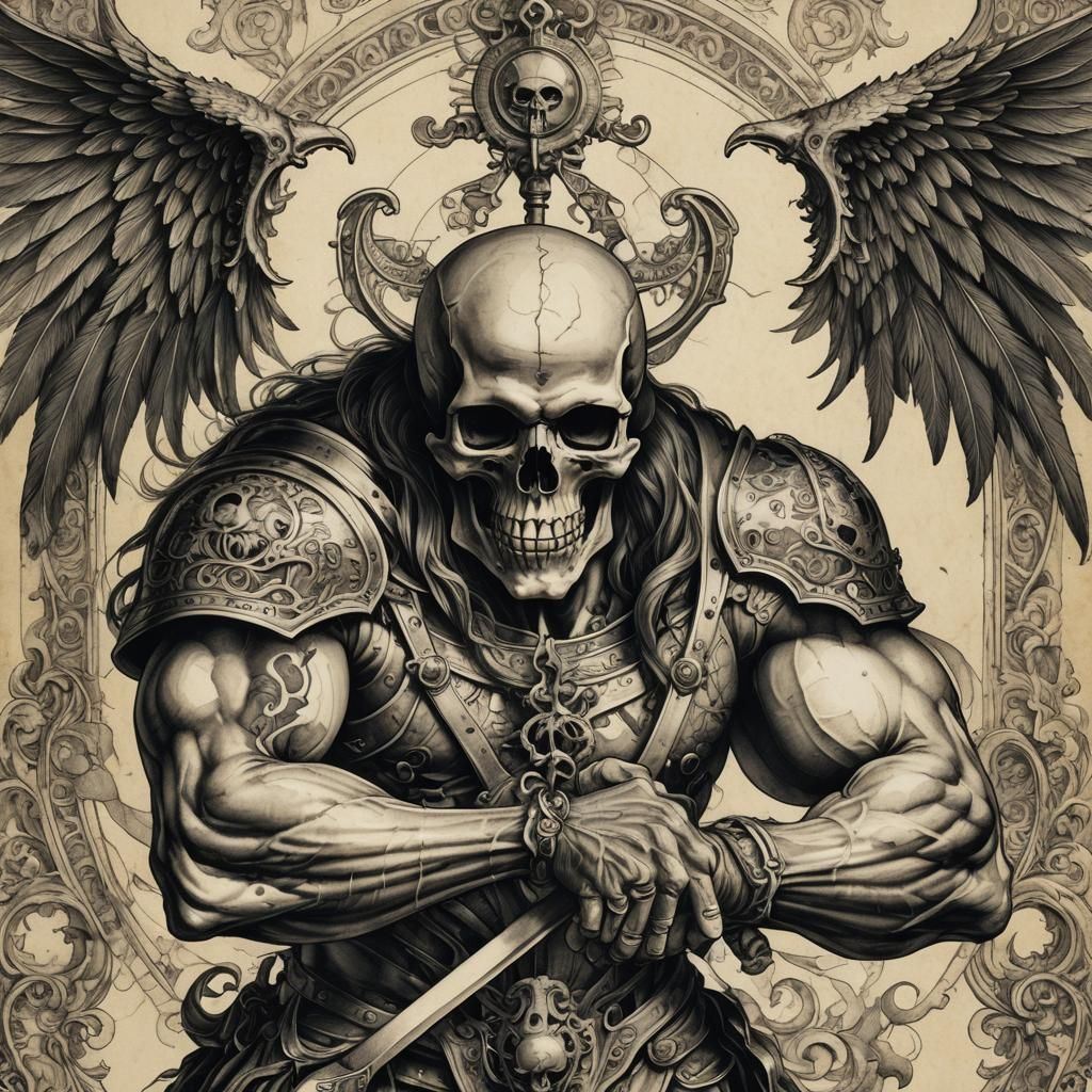 Muscular Bicep tattoo: Intricate, mystical winged skull with...