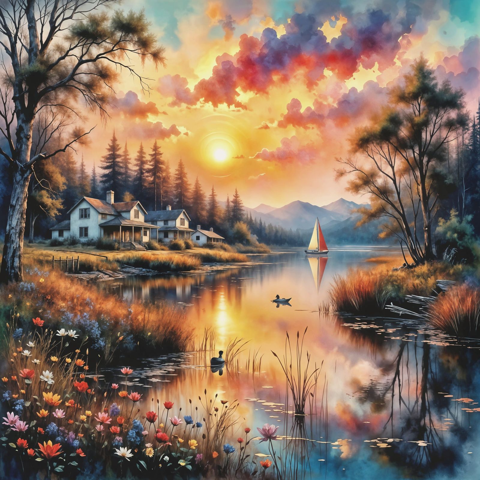 Impasto Grunge Watercolor Sunset Over Rural Lake