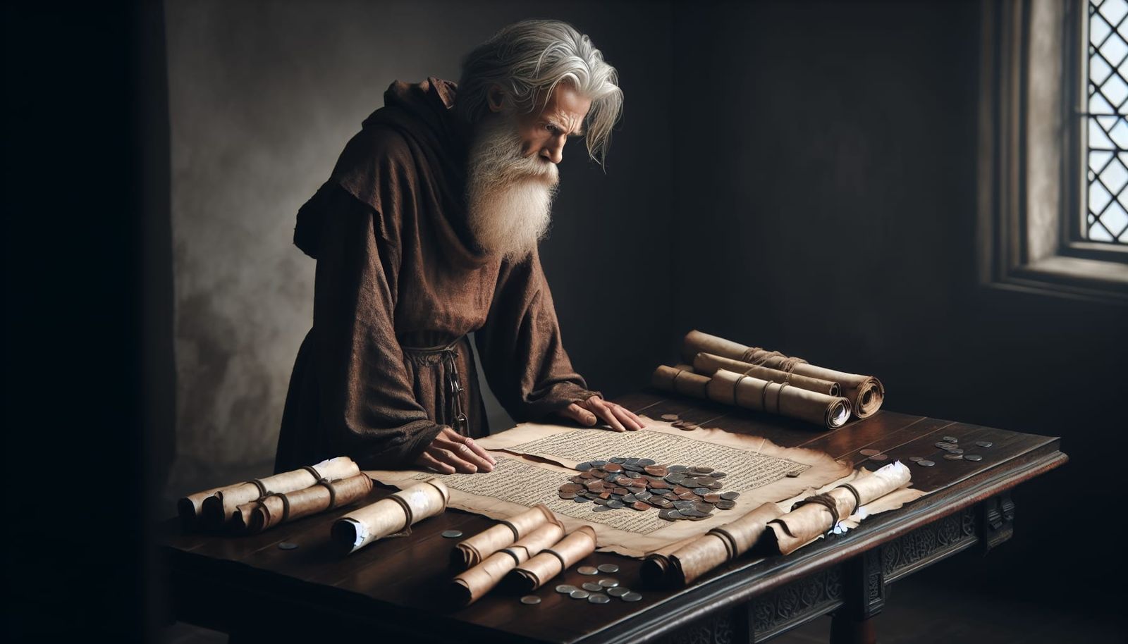 Worried Monk Studying Ancient Parchments