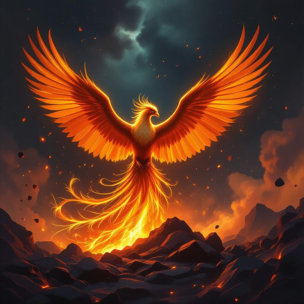 Majestic Phoenix Rises from Gold and Obsidian in Cosmic Dust