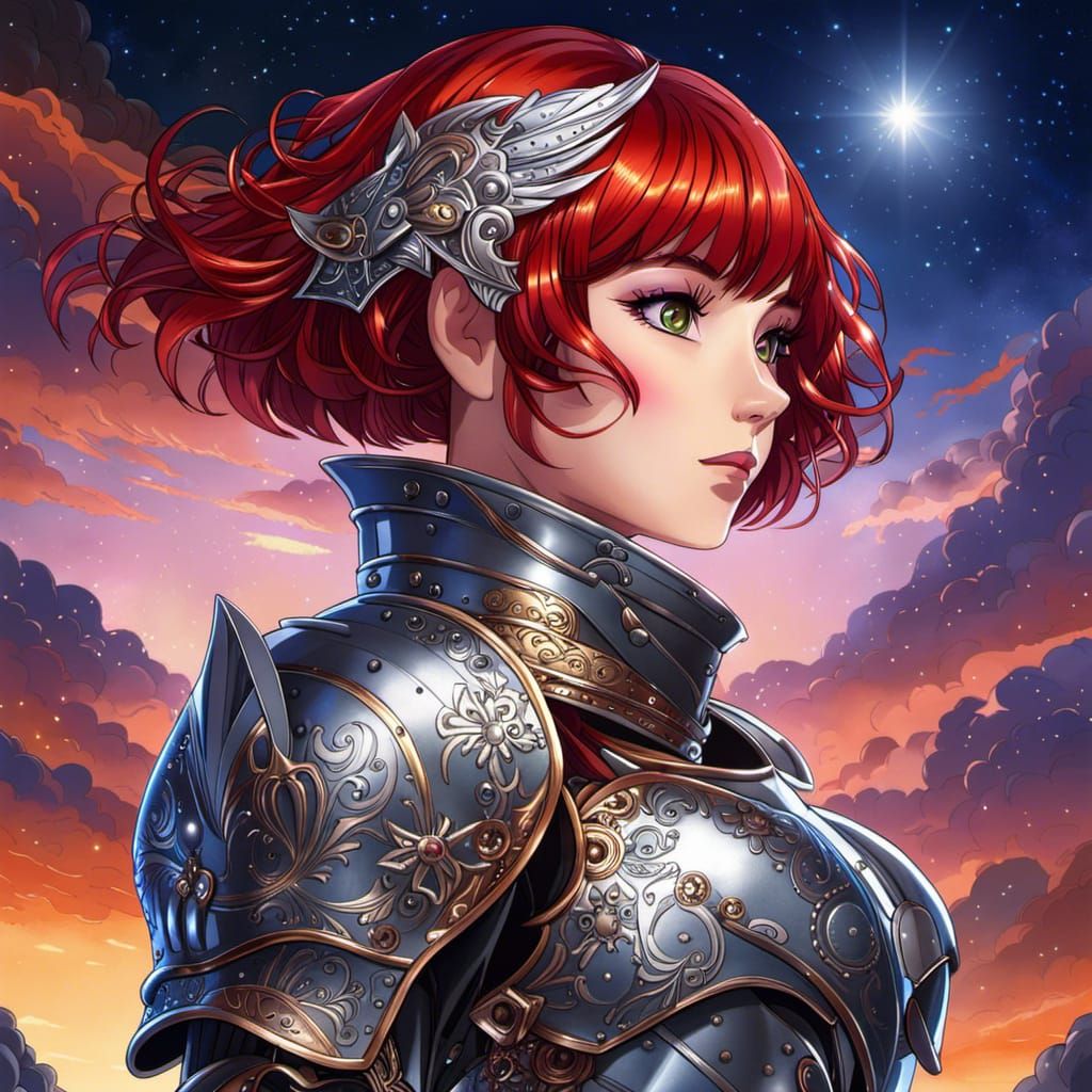 Anime Knight with Rainbow Eyes in Silver Armor