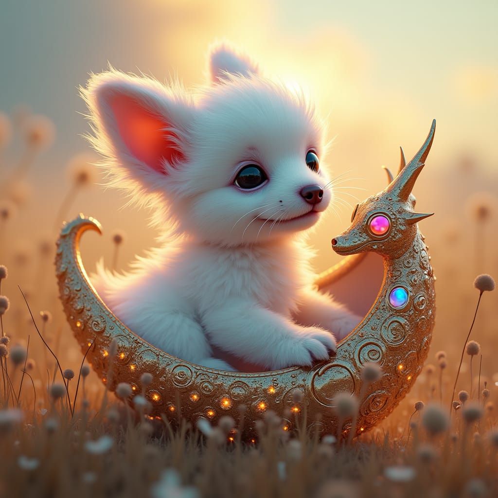 Iridescent Puppy in Cybernetic Shell, Futuristic Art