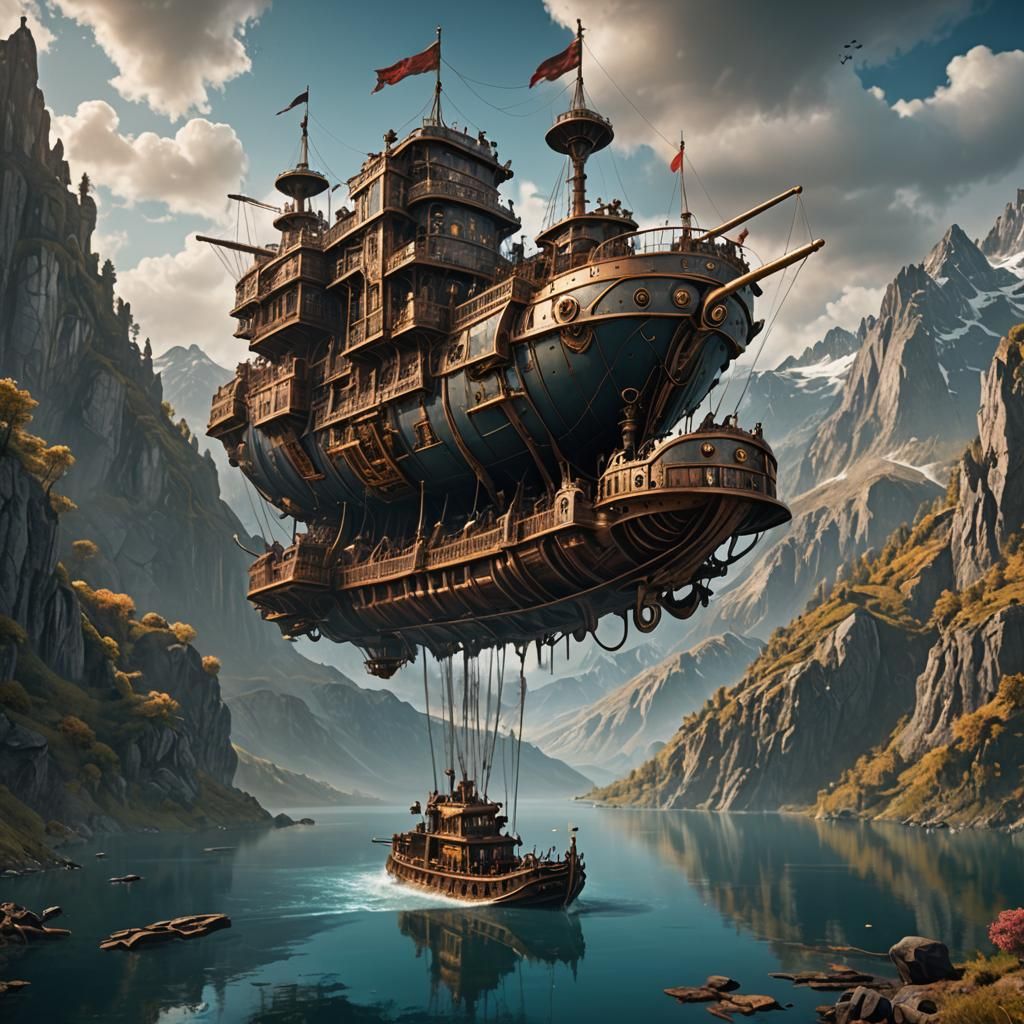 Steampunk Airship Over Lake: Digital Matte Painting