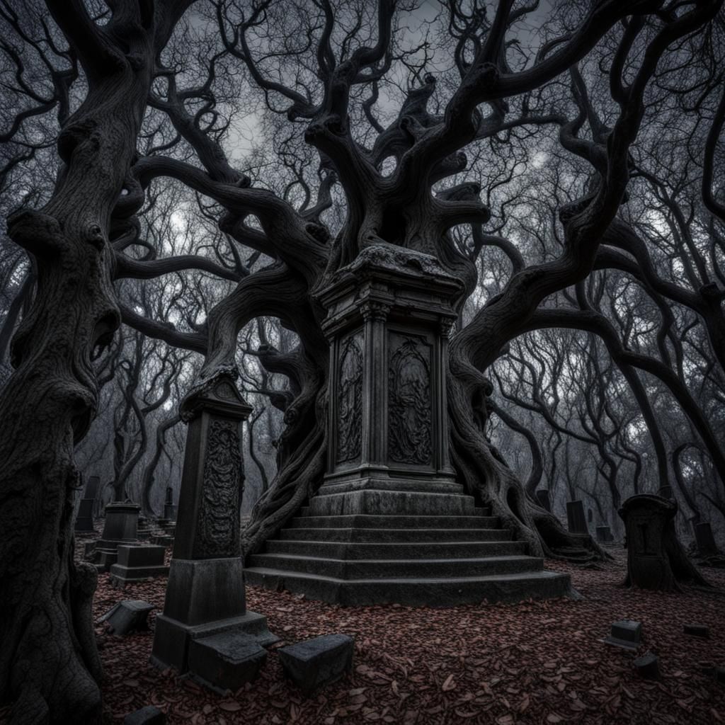 Gothic Graveyard: Satanic Temple in Forest at Midnight
