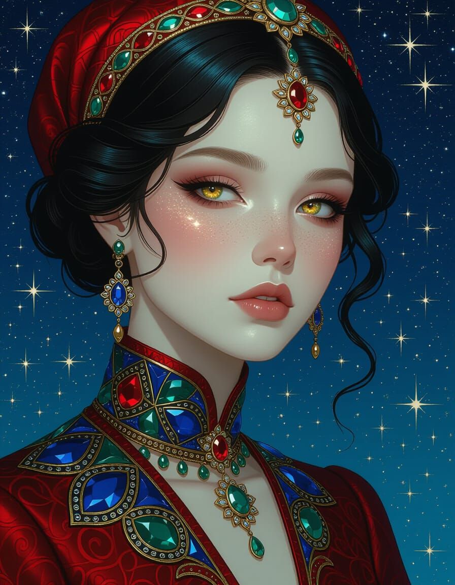 Cosmic Stained Glass Woman Portrait in Dark Fantasy Style