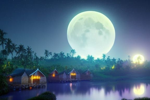 Kerala Village Moonlit Landscape in Detailed Digital Art