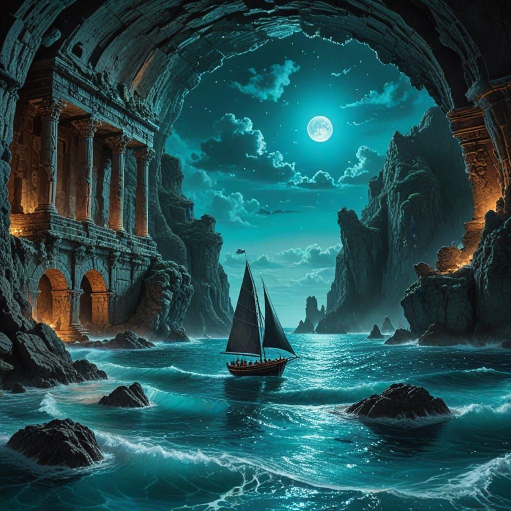 Sailing Boat on Moonlit Sea with Bioluminescent Waves