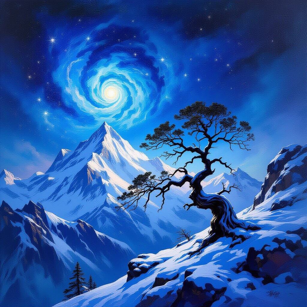 Majestic Mountain Range Under Cosmic Nebula Sky