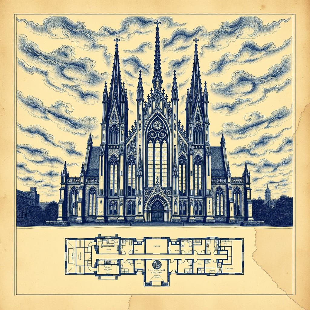 Gothic Cathedral Blueprint Drawing with Gargoyles
