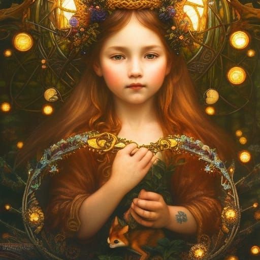 Toddler and Fox Celtic Knot Portrait in Dark Fantasy Style