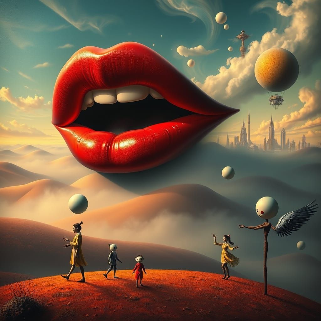 Surreal Dreamscape With Giant Mouth and Whimsical Figures