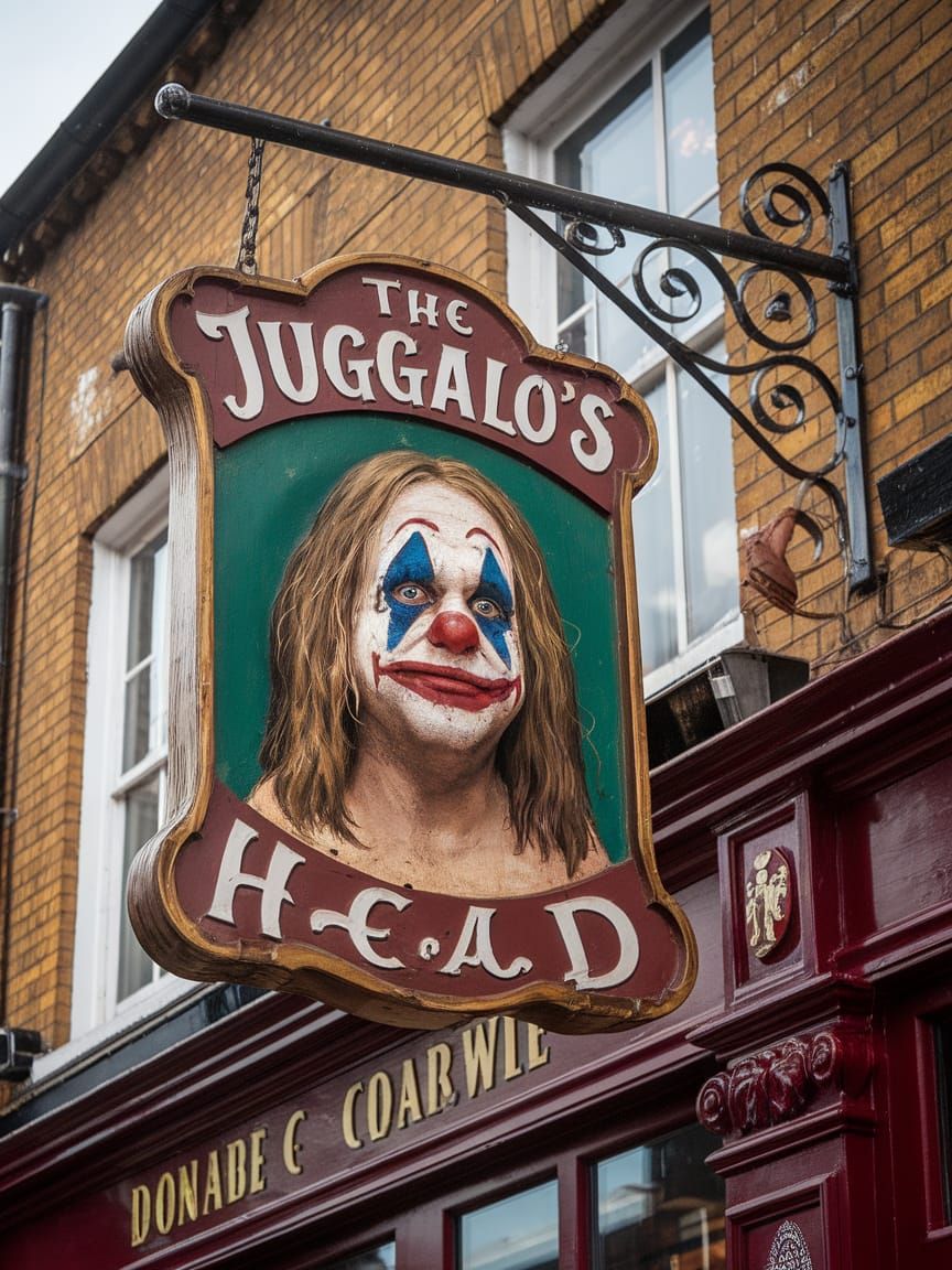 Traditional British Pub Sign with Grotesque Hippie Clown