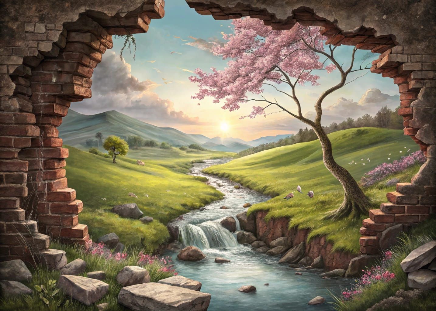 Surreal Countryside Mural with Waterfall and Blossoming Tree