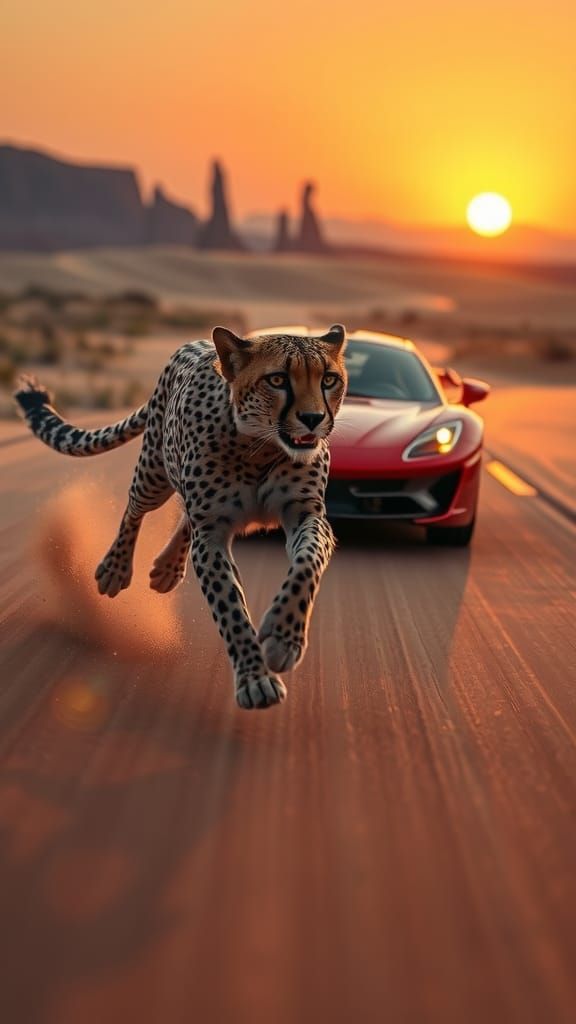 Cheetah Races Sports Car Across Desert in Matte Painting Sty...