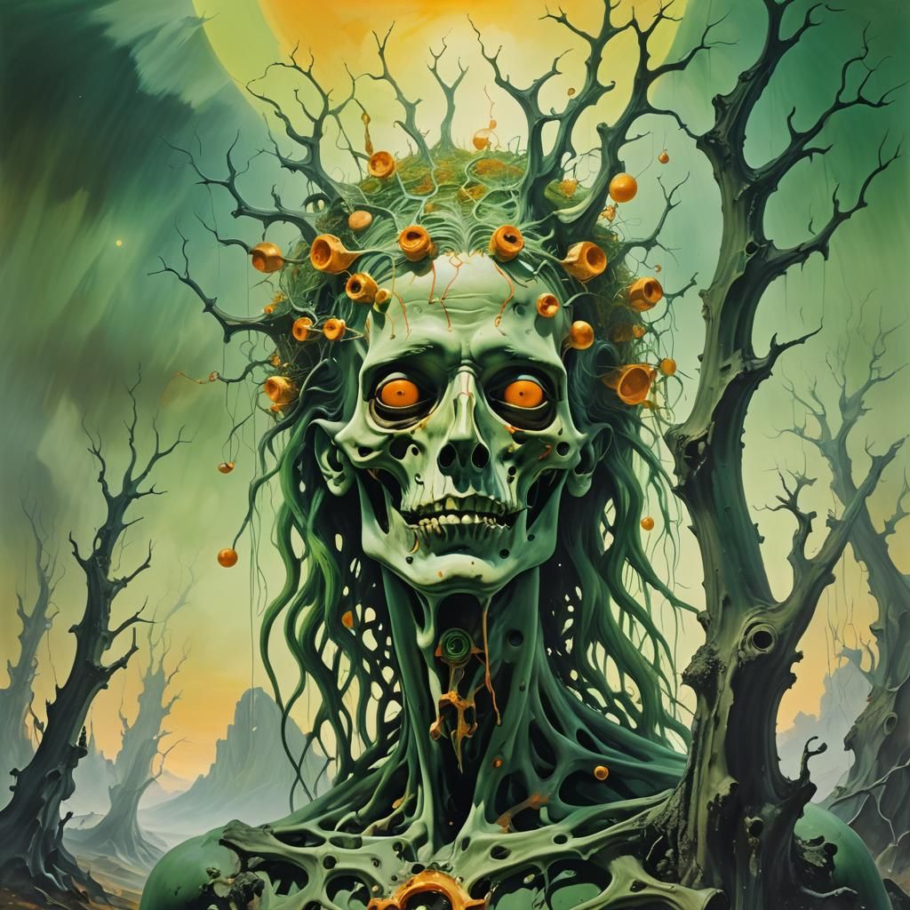 Death with Orange Bones in Surreal Landscape