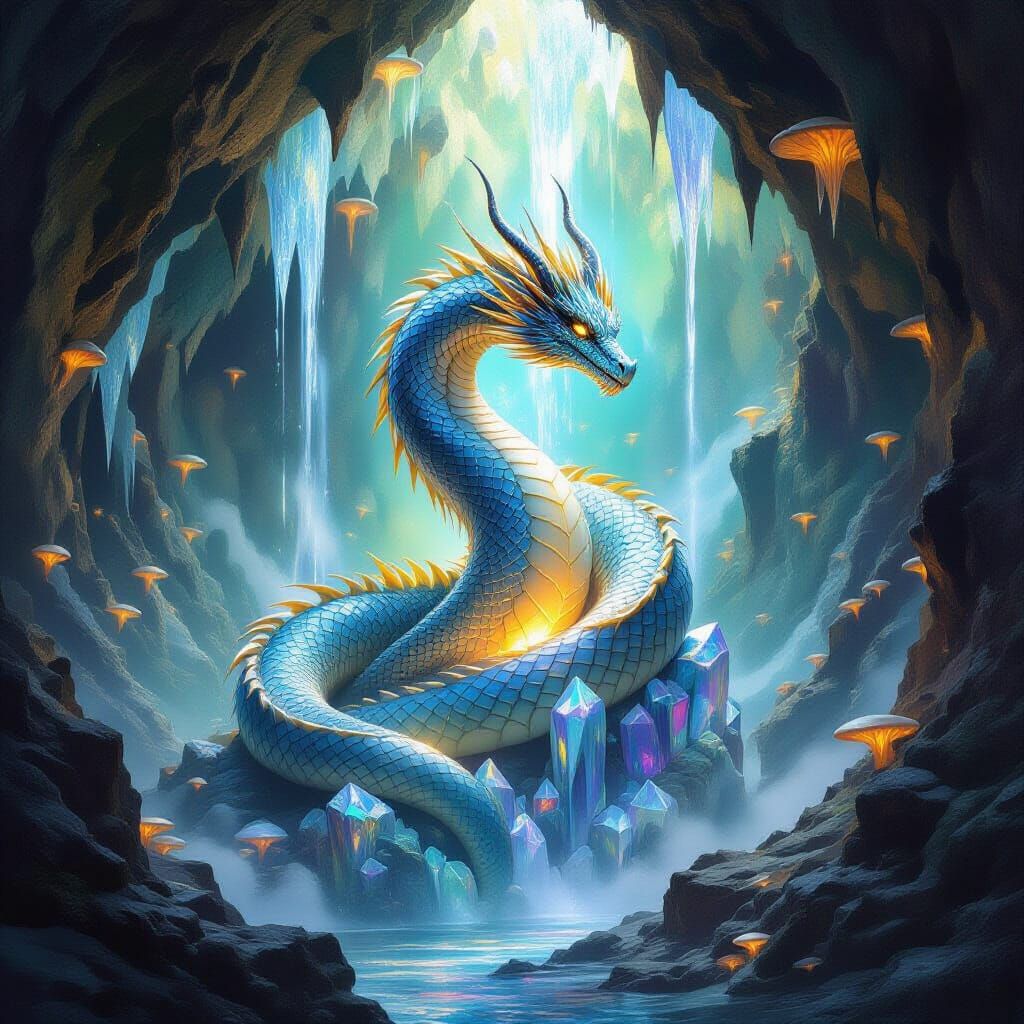 Crystalline Dragon Guards Geode in Glowing Cavern