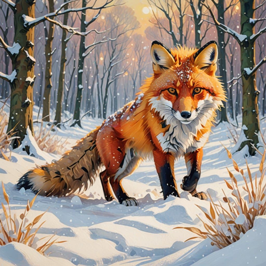 Whimsical Red Fox in Snowy Eastern World Forest