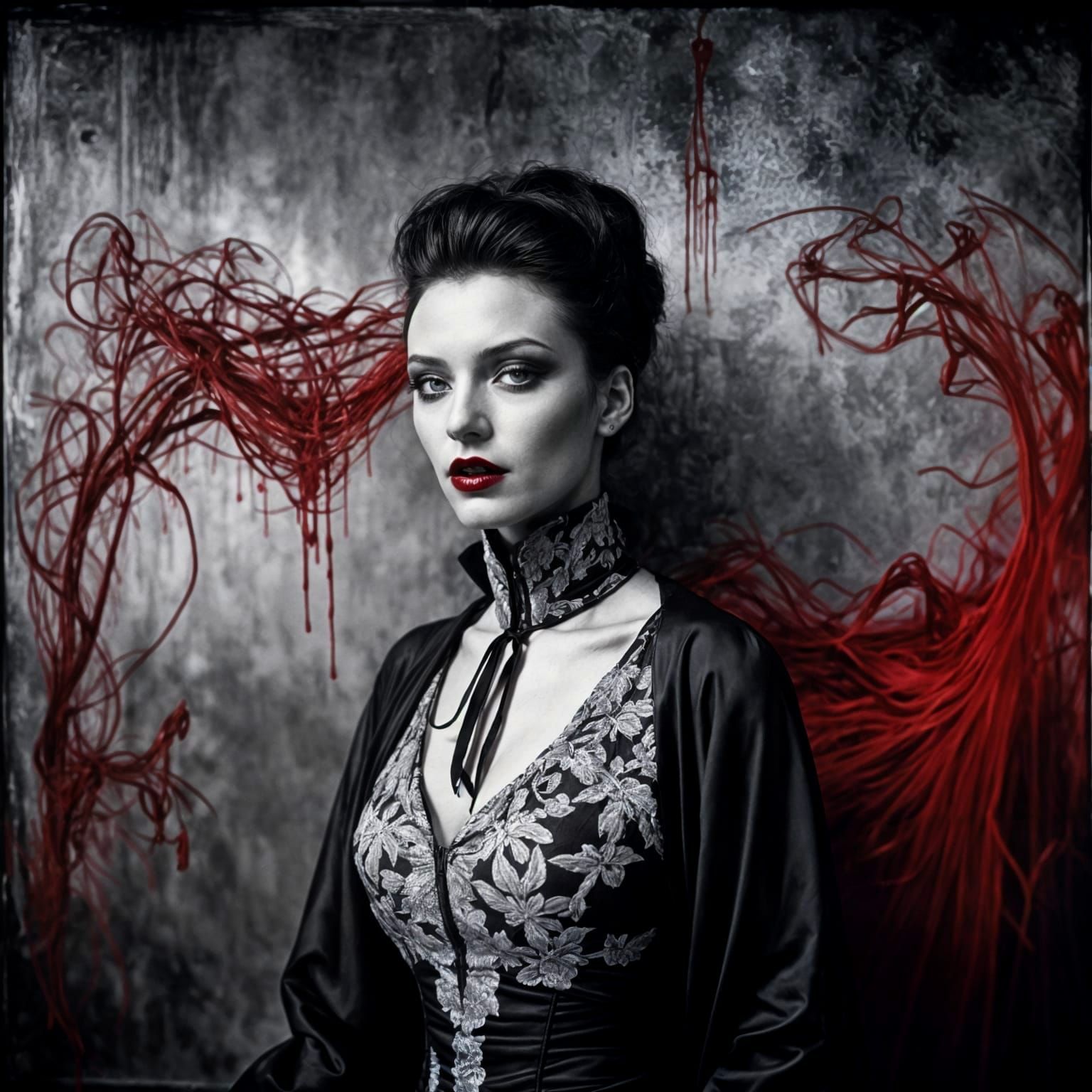 Sophisticated Vampire in Red Silk Attire