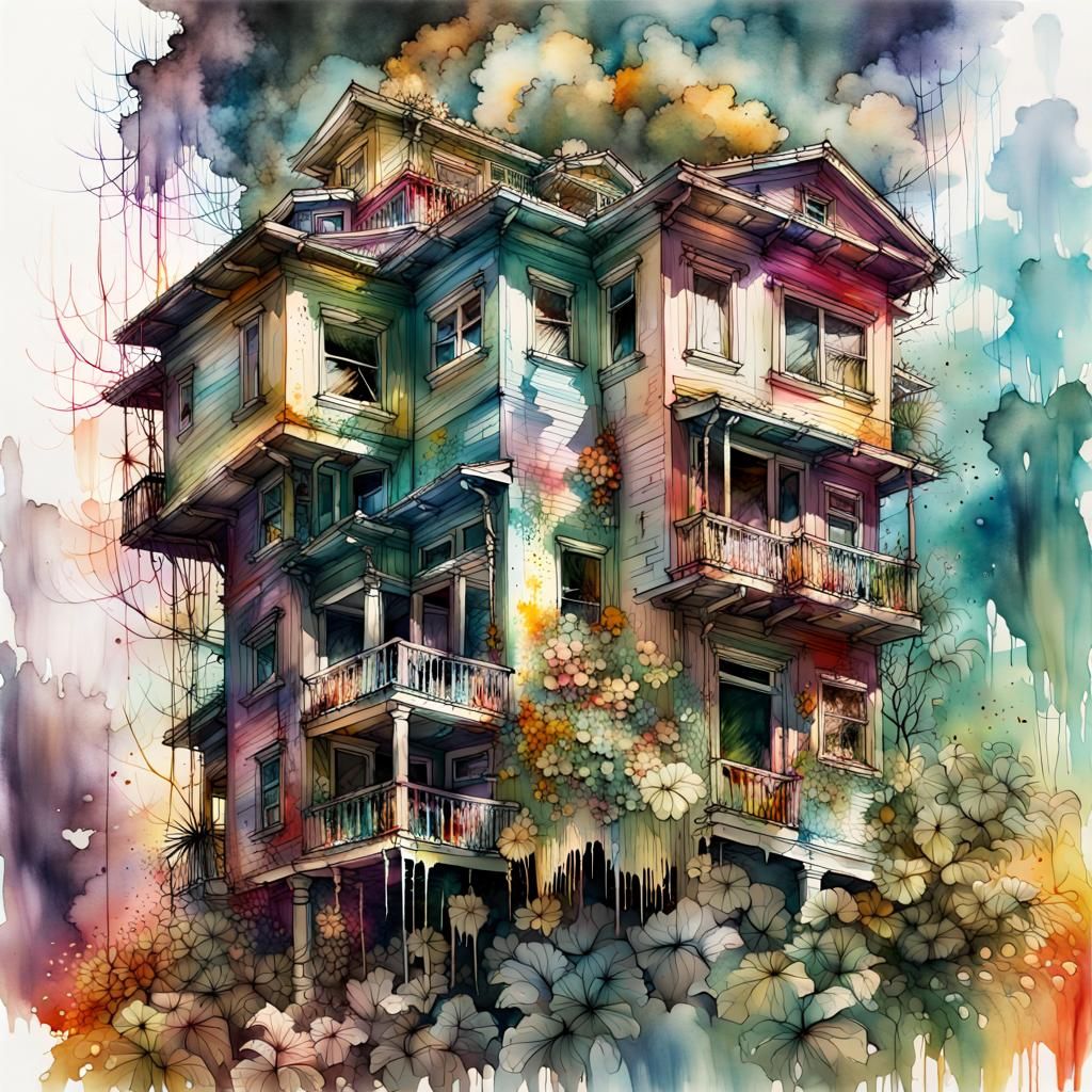Disintegrating Double Exposure House in Gouache Watercolor