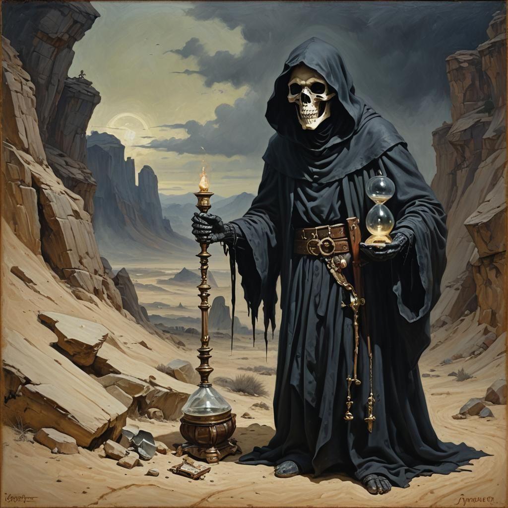 Grim Reaper with Hourglass: Oil Painting