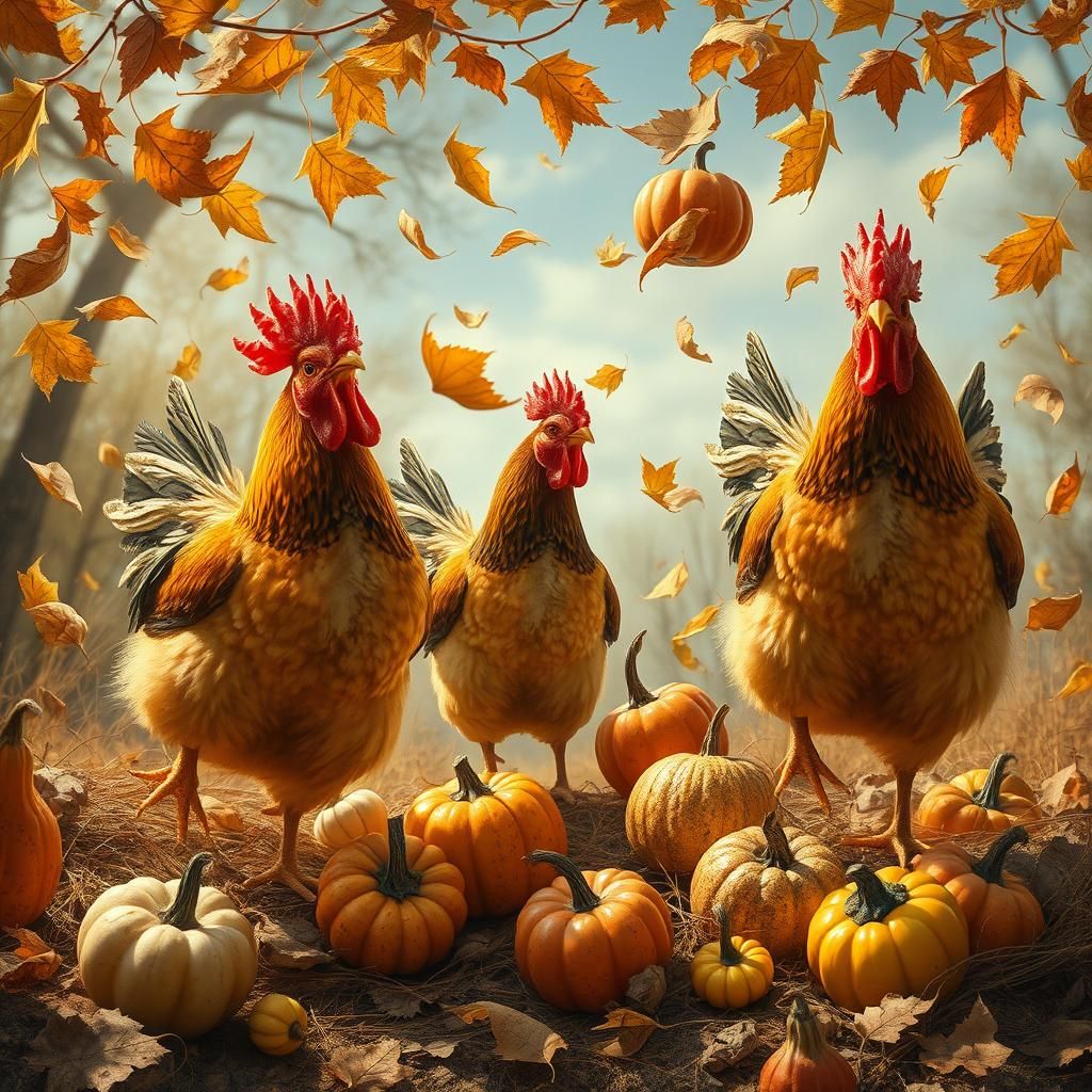 Falling Chickens and Gourds in Whimsical Style
