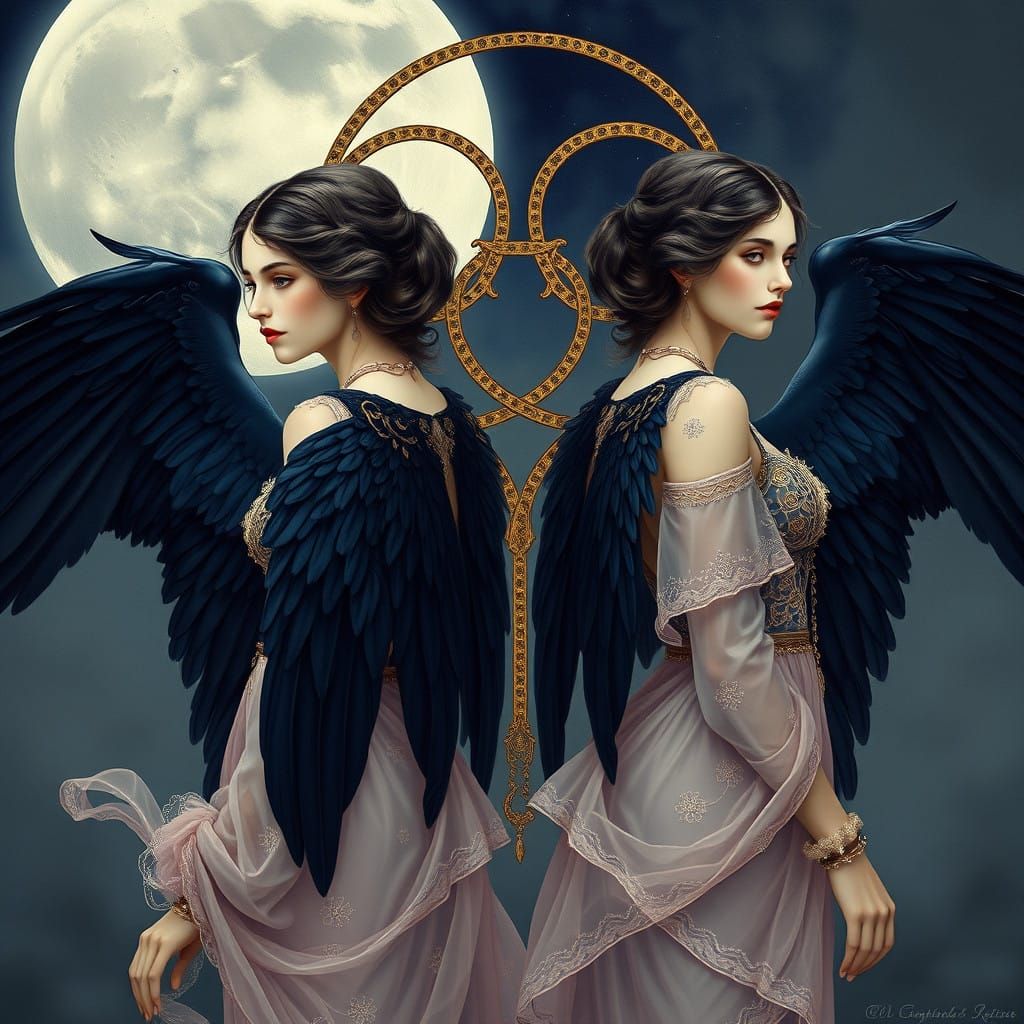 Ethereal Art Nouveau Sisters with Raven Wings and Gemini Sym...