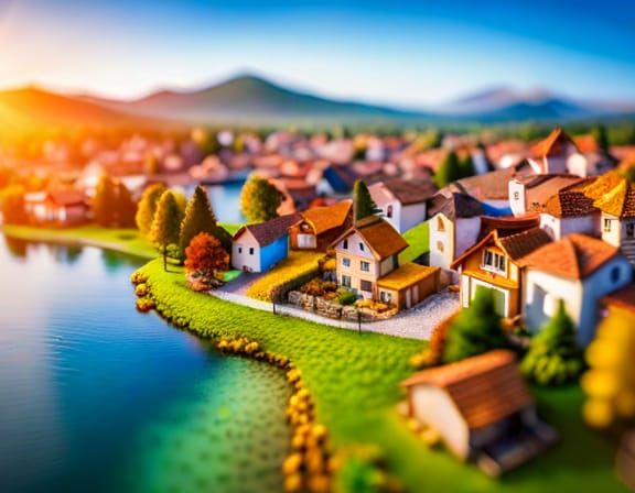 Miniature Rural Town Beside Lake: Macro Photography