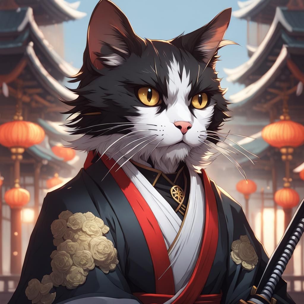 Samurai Tuxedo Cat in Anime Style