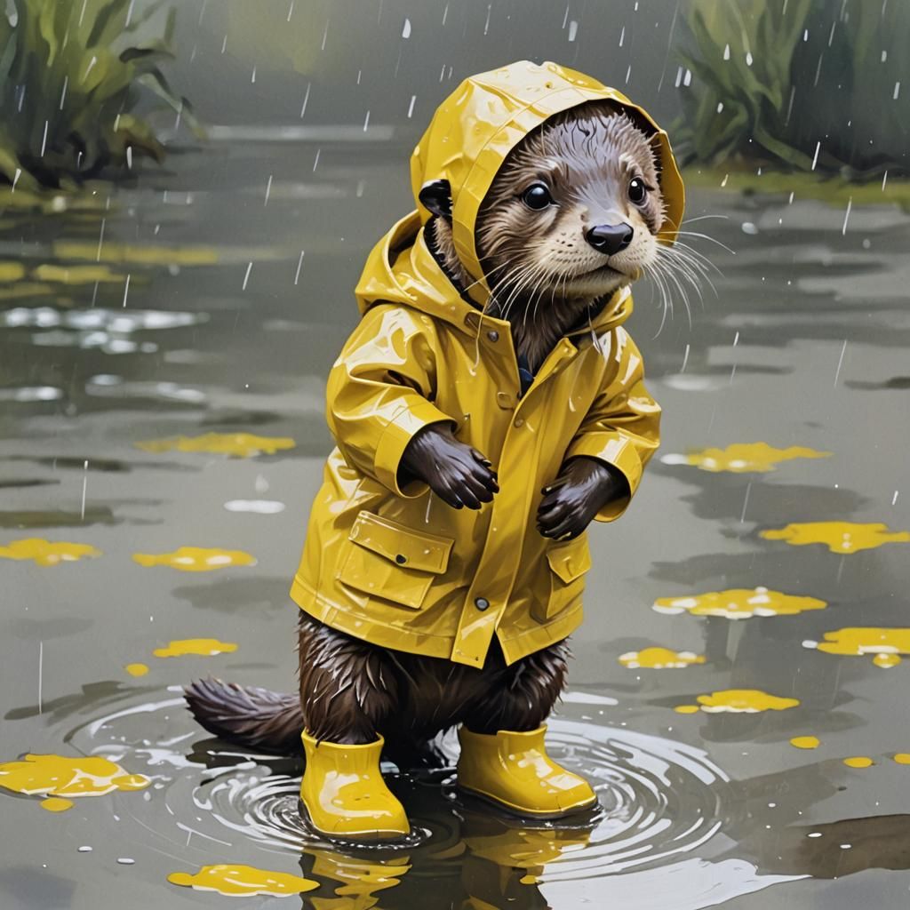 Cute Otter in Yellow Raincoat: Abstract Art