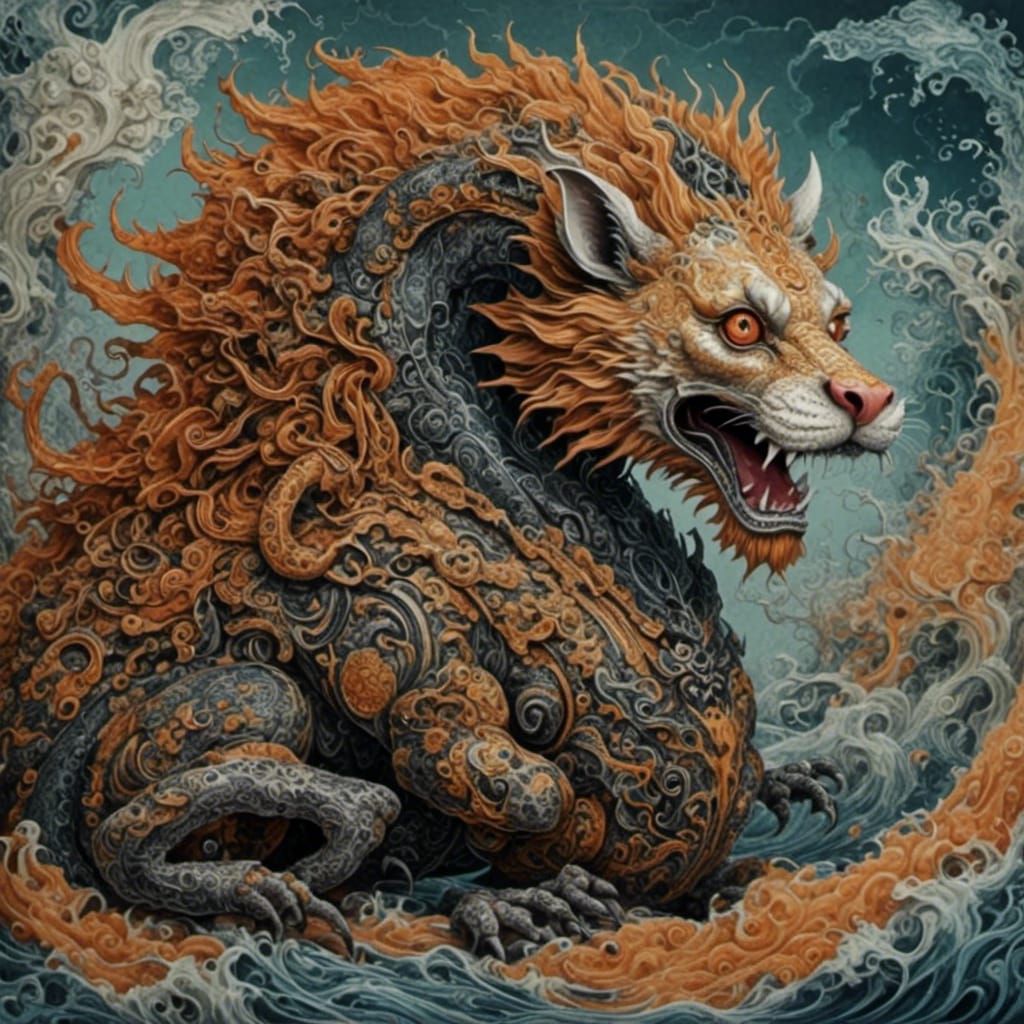 Medieval Chimera Close-Up in Alcohol Ink Style