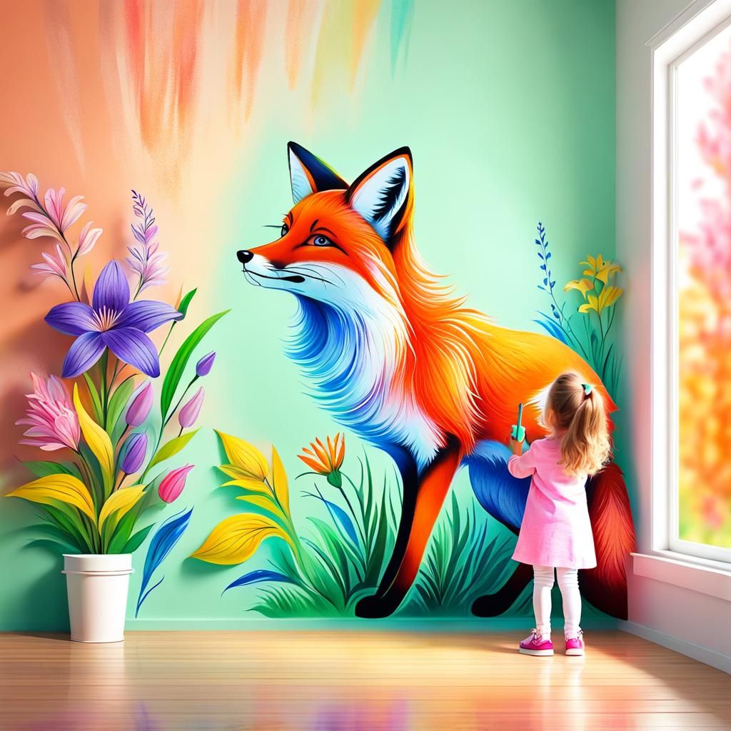 Girl Draws Fox with Chalk: 3D Digital Art