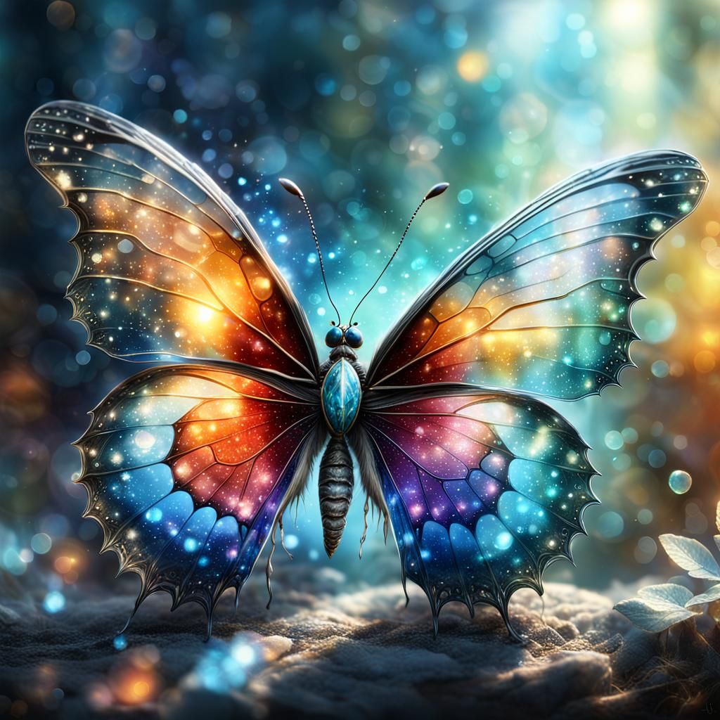 Crystal Butterfly in Bokeh Sunset, Oil Ink Illustration, Fan...