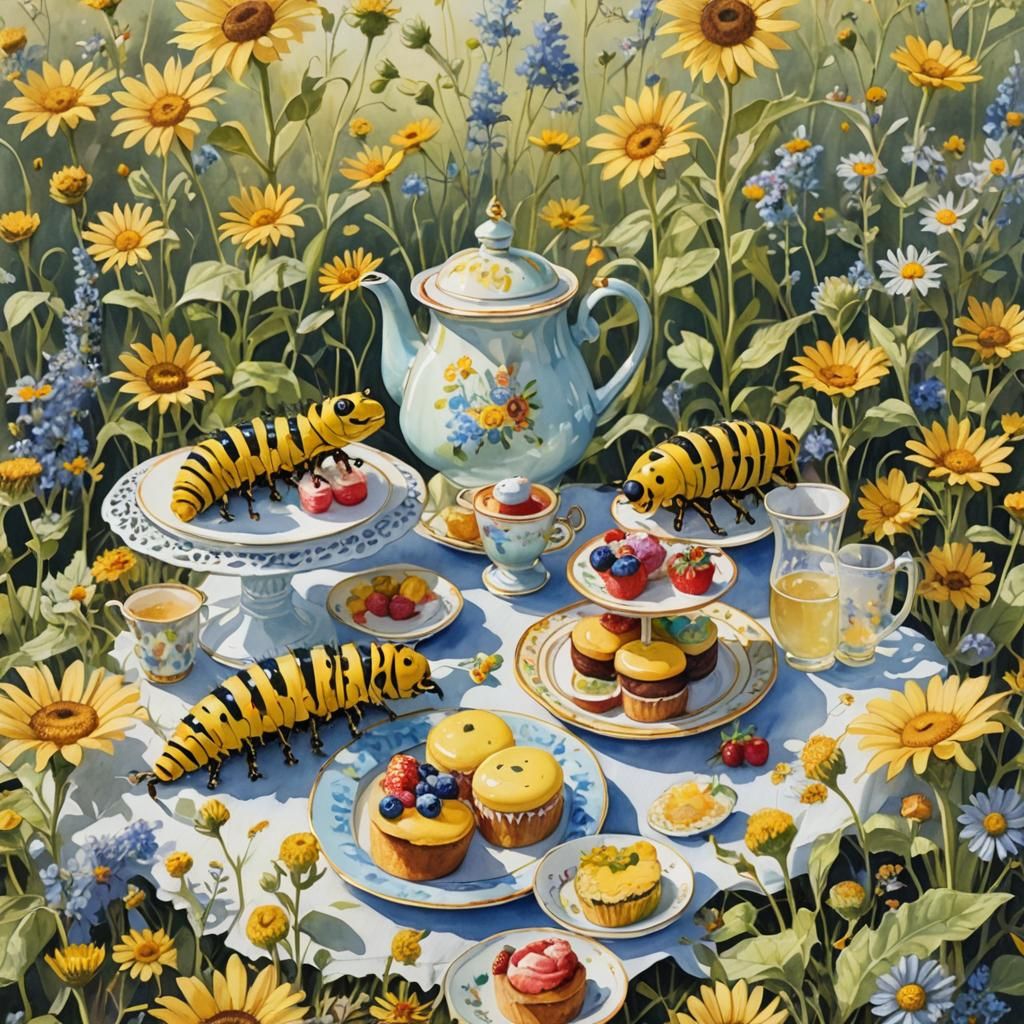 Caterpillars' Pastel Picnic: A Gouache Painting